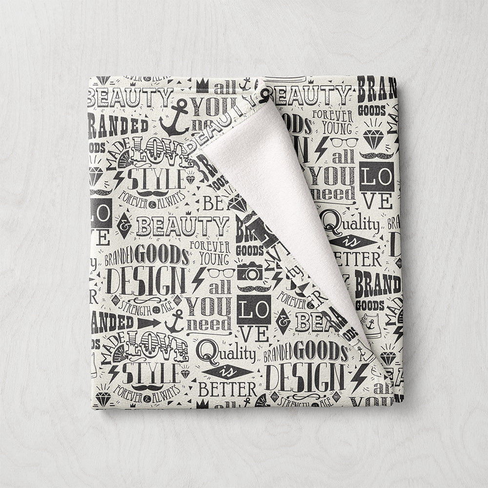 Manta / Toalha Letras Lettering Preto Fundo Branco - M014